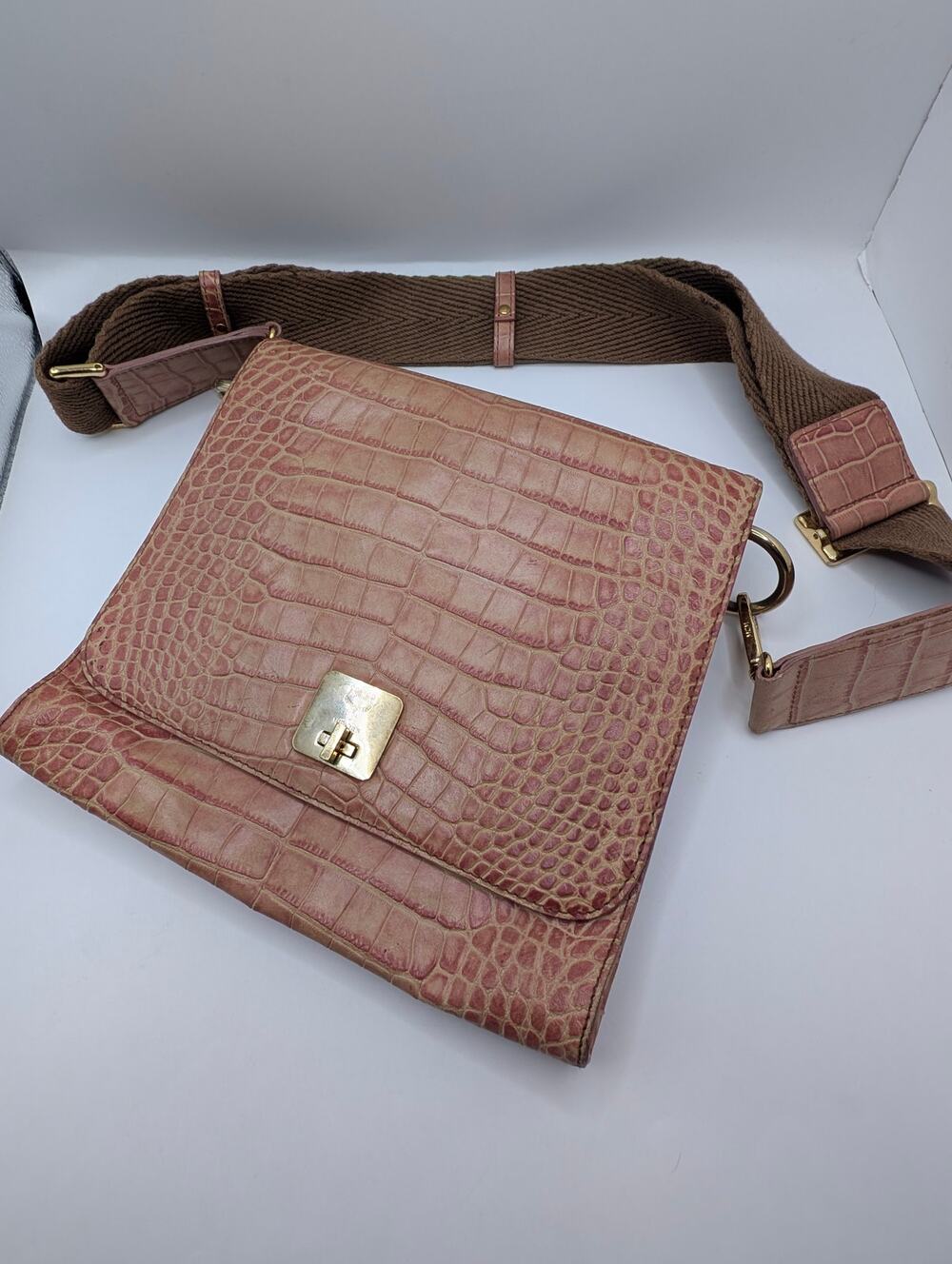 Authentic MCM Pink Croc Embossed Leather Flap Crossbody Bag